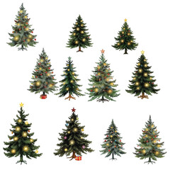 Fototapeta premium Set of decorated Christmas trees with lights and ornaments 