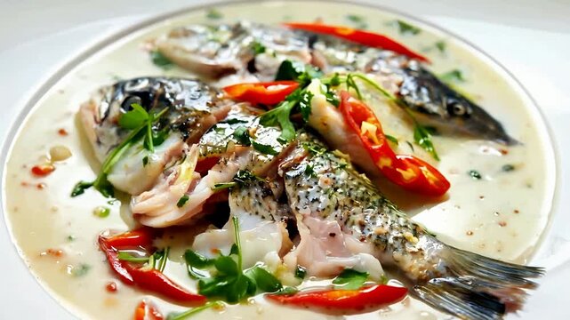 Fresh Whole Fish in Cream Sauce Garnished with Herbs and Peppers.