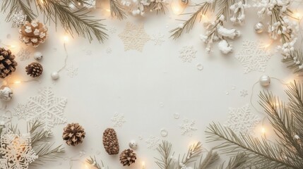 Vintage Christmas background with fir branches and snowflakes featuring a grunge paper texture frame and floral design elements on a brown old tree branch pattern for a holiday card illustration