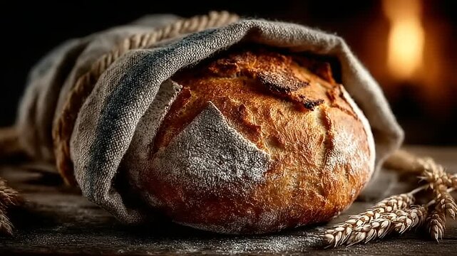 Freshly baked bread wrapped in cloth on rustic table