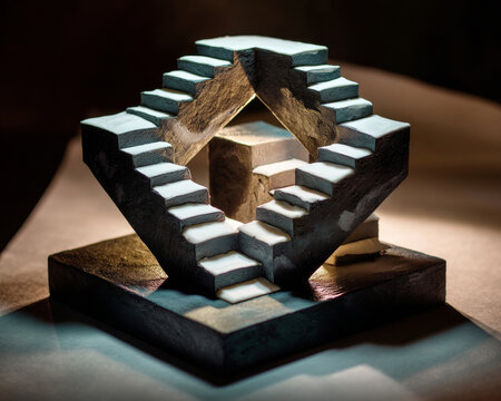 A three-dimensional optical illusion sculpture featuring a house made of staircases that appear to defy gravity and perspective, creating an intriguing visual paradox
