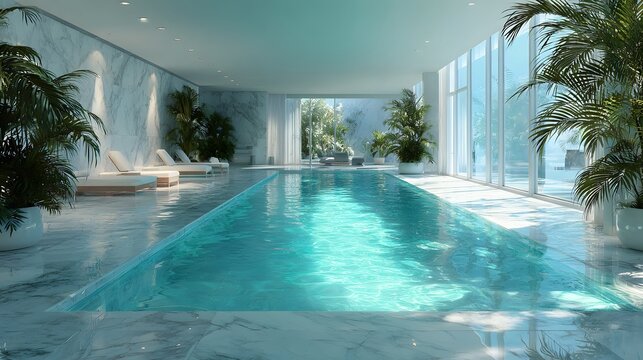 Luxurious indoor swimming pool area features sleek minimalist design with sunlight streaming through glass walls and tropical plants.
