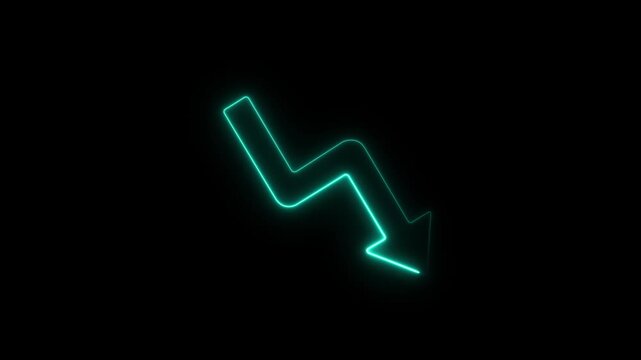 Neon Down business graph icon. downward arrow 4k animation. down trend concept, down arrow graph neon stock frame loop. down business symbol concept. financial crisis. business loss.