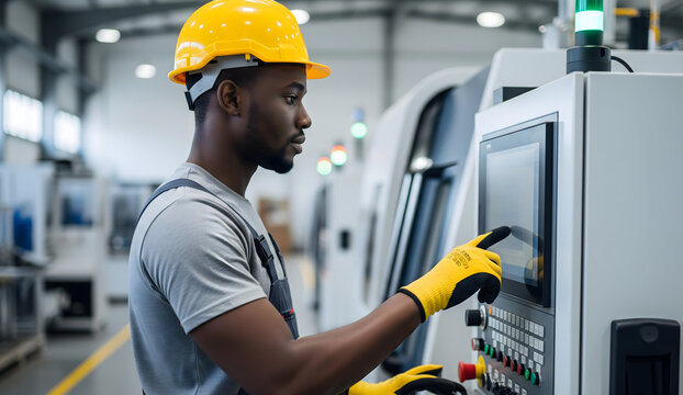 Precision Operator: An engineer, immersed in concentration, interacts with intricate machinery controls in a modern factory setting.