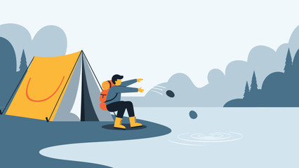 Fototapeta premium Solo Adventurer Enjoying Lake Time Near Tent In Serene Camping Landscape
