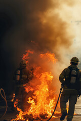 Obraz premium Professional Firefighters in Uniform Battling an Intense Blaze with Flames and Thick Smoke, Illustrating Emergency Response and Bravery