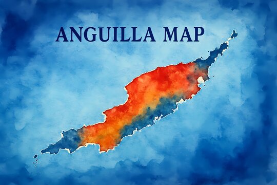 Abstract watercolor map of Anguilla island with vibrant orange and blue tones representing the Caribbean territory in an artistic style