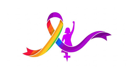 Purple Silhouette of Woman with Raised Fist Entwined in Rainbow Ribbon, Symbolizing Female Empowerment and LGBTQ Pride
