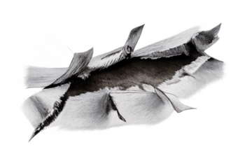 Torn hole revealing dark fur beneath, paper ripping concept, breakthrough design element with jagged edges, black and white