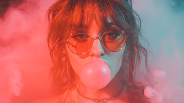 A stylish individual blowing a bubble gum surrounded by colorful smoke, showcasing a trendy, vibrant aesthetic.