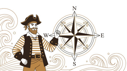 Stylized Pirate Illustration Using Compass Navigation In Retro Style Design