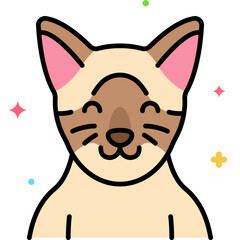 Elegant cream and brown Siamese cat cartoon with large ears and sweet smile, graceful house kitty illustration perfect for children’s books, stickers, posters, pet boutiques, and branding