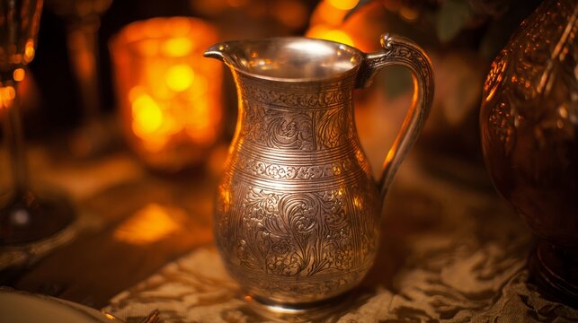 flagon. Ornate silver flagon reflecting candlelight with slight tilt, warm golden tones. bar promotions, beverage menus, designed for food & beverage menus and cafe branding.