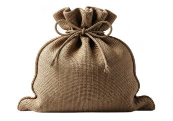 A burlap sack with a drawstring closure, filled and tied at the top, isolated on transparent background
