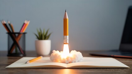 Creative Yellow Pencil Rocket Launch Concept