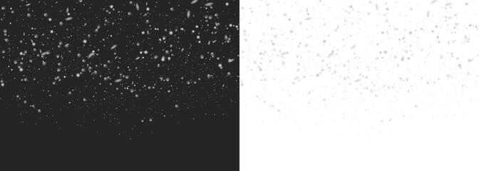 Soft white snowflakes drift across a transparent background, creating a calm winter snowfall scene with varied flake sizes and gentle depth, perfect for a cold, festive atmosphere. PNG snowfall.