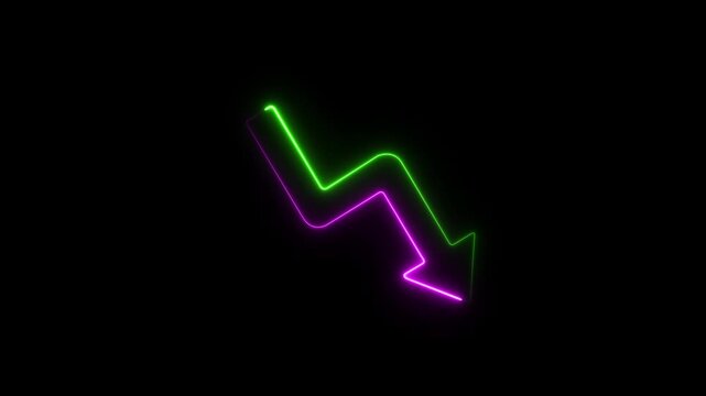 Neon Down business graph icon. downward arrow 4k animation. down trend concept, down arrow graph neon stock frame loop. down business symbol concept. financial crisis. business loss.