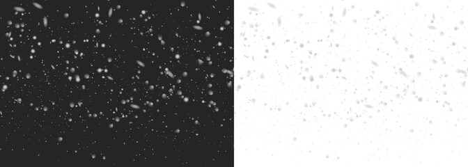 Soft white snowflakes drift across a transparent background, creating a calm winter snowfall scene with varied flake sizes and gentle depth, perfect for a cold, festive atmosphere. PNG snowfall.