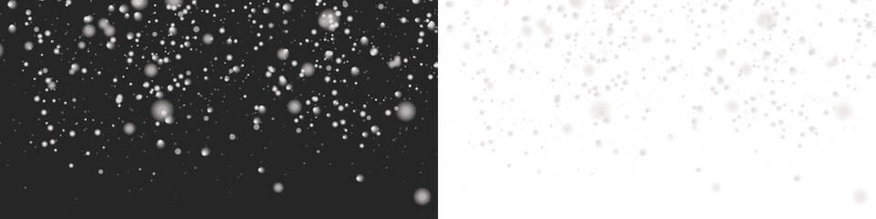 Soft white snowflakes drift across a transparent background, creating a calm winter snowfall scene with varied flake sizes and gentle depth, perfect for a cold, festive atmosphere. PNG snowfall.