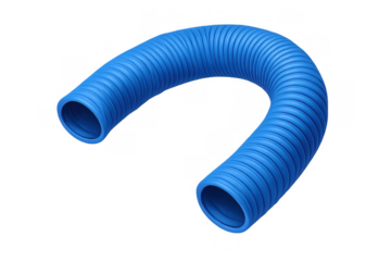 Blue corrugated flexible pipe curving, durable plastic hose for industrial, plumbing, water, or ventilation systems, transparent background