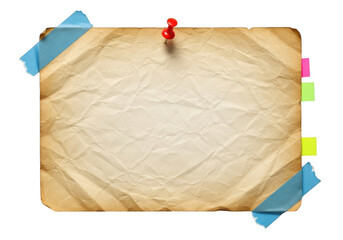 Crumpled paper note pinned to a surface with colorful sticky notes isolated on transparent background