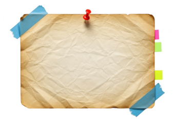 Crumpled paper note pinned to a surface with colorful sticky notes isolated on transparent background