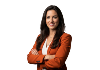 Confident businesswoman in orange blazer standing with arms crossed, smiling, and looking directly at the camera, isolated on transparent background