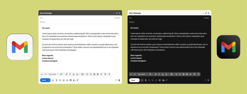 Gmail desktop UI mockup template showing inbox, open email, compose and send mail screens in light and dark mode, clean modern email interface for UI and UX design presentation.
