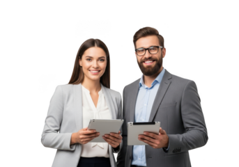 Confident business professionals standing together with digital tablets in hand, showcasing teamwork and modern technology, isolated on transparent background