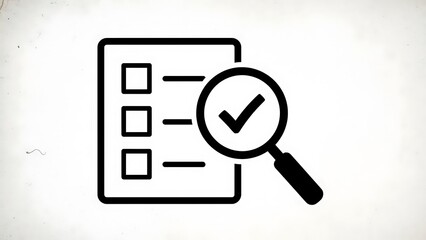 Black checklist with magnifying glass and checkmark on white background document