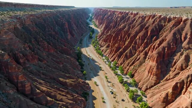 Aerial panorama of the Danxia landform in the canyon Magnificent canyon scenery
