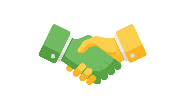 Flat design illustration of two hands shaking in green and yellow on a white background, symbolizing partnership.