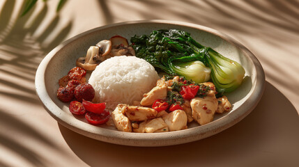 Minimal lifestyle photography showing healthy balanced meal with white rice chicken vegetable mushroom on plate under warm sunlight shadow