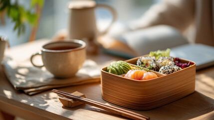 Peaceful sunlight shines on minimalist desk showing wooden bento box with sushi chopsticks and cup of tea near book for cozy calm lunch break