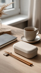 Peaceful minimalist desk setting with organic bamboo lunch box and wooden chopstick near ceramic cup and notebook concept of calm break