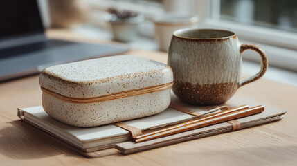 Warm minimalist desk setting with reusable lunch box mug chopsticks and notebook reflecting calm peaceful mood