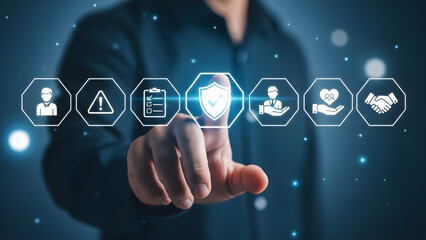Digital risk management strategy and corporate compliance | Business assurance and cyber security concept banner | Person selecting shield icon for data protection and policy 