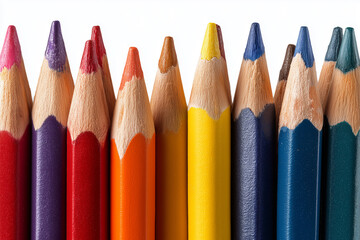 Colored pencils with tips filled with paint pigments, have a variety of bright colors, and a neatly arranged composition.