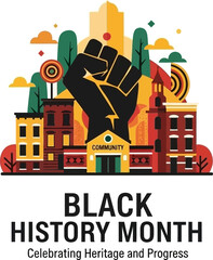 Naklejka premium black history month illustration celebrating heritage and progress with community buildings and raised fist symbol on transparent background