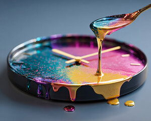 A spoon drips a rainbow-colored liquid onto a clock with colorful paint on its face, creating an abstract and vibrant scene