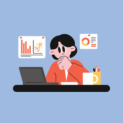 Modern minimal flat illustration of a woman working on a laptop while analyzing charts and reports displayed around her. Clean cartoon character design with soft pastel background, smooth shapes.