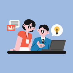 Modern flat style illustration of two business people collaborating at a desk, looking at a laptop and exchanging ideas symbolized by charts and a light bulb. Minimal and clean cartoon character.
