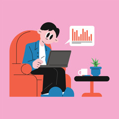 Modern flat illustration of a man reviewing data and charts on a laptop in a relaxed home setting, symbolizing remote work, analysis, and focused productivity.