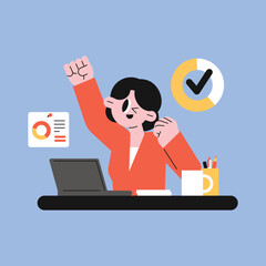 Modern flat illustration of a woman celebrating success and completed tasks at her desk, symbolizing productivity, achievement, and business results.