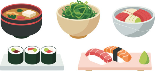 Japanese Cuisine Illustration vector  Set Featuring Sushi Rolls, Nigiri, Miso Soup, and Seaweed Salad Bowls