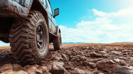 A rugged off-road vehicle drives across rocky terrain under a bright blue sky, emphasizing adventure and exploration.