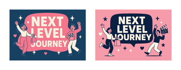 Male and female characters celebrating a journey with shopping bags and clapperboards