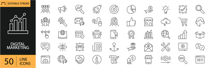Digital Marketing set of 50 Icon Vector, Online Advertising Strategy, Social Media Marketing, SEO and Analytics Symbol