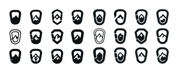 Collection of mountain climbing themed icons in various styles