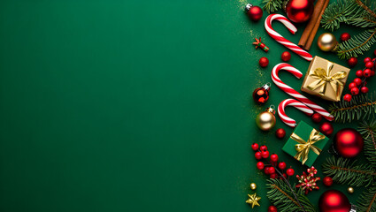 Festive christmas holiday border with traditional decorations, gifts, and evergreen branches on a rich green background.